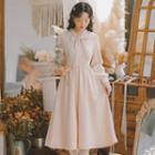 Long-sleeve Tie-neck Lace Panel Midi A-line Dress