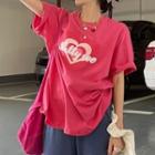 Elbow-sleeve Lettering Heart Print T-shirt Pink - One Size