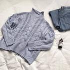 Plain Cable-knit Sweater Blue - One Size