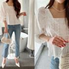 Square-neck Embroidery Blouse Ivory - One Size