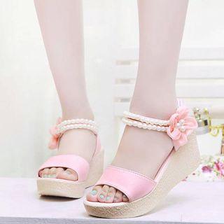 Faux-leather Flower Accent Wedge Sandals