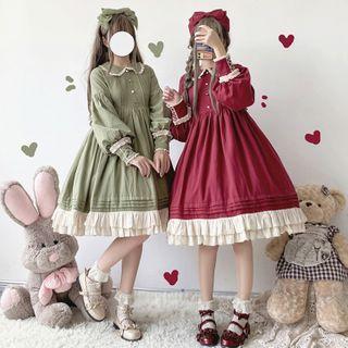 Contrast Trim Lantern-sleeve A-line Dress / Lace Up Pinafore Dress