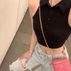 Sleeveless Cropped Polo Knit Top