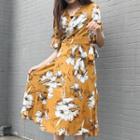 Print Elbow Sleeve Midi Chiffon Dress