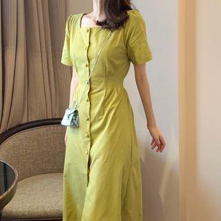 Buttoned Square-neck Midi Dress