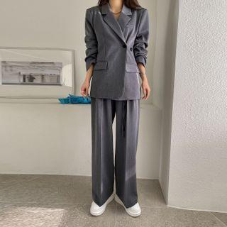 Set: Two-way Notch-lapel Blazer + Wide-leg Dress Pants