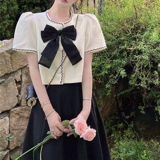 Puff-sleeve Ribbon Blouse / Midi A-line Skirt
