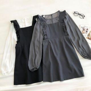 Set:plain Crewneck Puff-sleeve Chiffon Top + Ruffled-trim Strap Dress