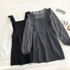 Set:plain Crewneck Puff-sleeve Chiffon Top + Ruffled-trim Strap Dress