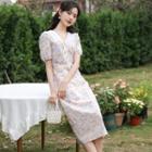 Puff-sleeve Ruffle Trim Collar Floral Midi A-line Dress