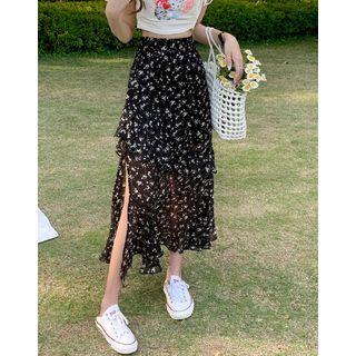 High-waist Floral Ruffle Slit Fish Tail Maxi Skirt
