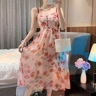 Spaghetti Strap / Short-sleeve Floral A-line Dress