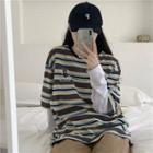 Long-sleeve Mock Two-piece Embroidered Striped T-shirt