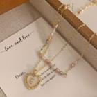 Heart Pendant Freshwater Pearl Layered Alloy Necklace White & Pink & Gold - One Size