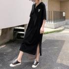 Rabbit Embroidered Elbow-sleeve Midi Polo Shirt Dress
