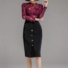 Set: Long-sleeve Lace Top + Buttoned Pencil Skirt