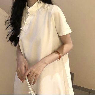 Short-sleeve Mandarin Collar Plain Frog Button A-line Dress