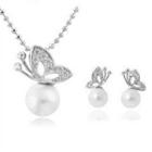 Set: Butterfly Faux Pearl Pendant Necklace + Earring Set - Necklace & 1 Pair Earrings - Silver - One Size