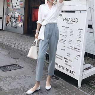 Set: Elbow-sleeve Collared Tie-waist Crop Top + Cropped Straight Leg Pants