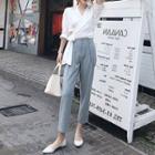 Set: Elbow-sleeve Collared Tie-waist Crop Top + Cropped Straight Leg Pants