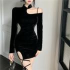 Long-sleeve One-shoulder Lace-up Velvet Mini Sheath Dress
