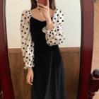 Puff-sleeve Dotted Panel Midi A-line Dress Black - One Size