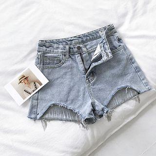 Distressed High-waist Denim Hot Pants