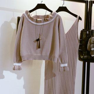 Set: Ruffle Trim Sweater + V-neck Sleeveless Knit Dress