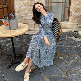 Patterned Long-sleeve Midi A-line Accordion Pleated Dress