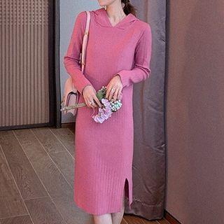 Long-sleeve Plain Ribbed Slit Hoodie Dress