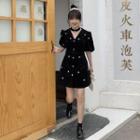 Short-sleeve V-neck Faux Pearl Mini A-line Dress Black - One Size