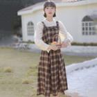 Bell-sleeve Blouse / Plaid Midi A-line Overall Dress