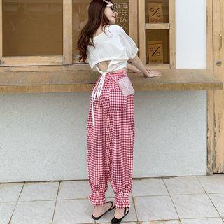 Short-sleeve Cropped Blouse / Gingham Harem Pants