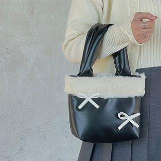 Faux Leather Bow Tote Bag Black - One Size