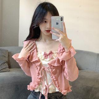 Ruffle Cardigan / Bow Accent Camisole Top
