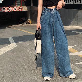 Plain Short-sleeve Crop Top / High-waist Wide-leg Jeans