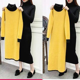 Fleece-lined Turtleneck Midi Knit Dress