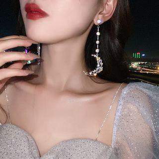 Moon Faux Crystal Asymmetrical Fringed Earring 1 Pair - Silver Steel - Laser - Silver - One Size