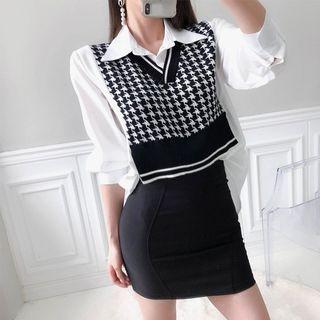 Inset Houndstooth Knit Vest Long-sleeve Shirt Ivory - One Size