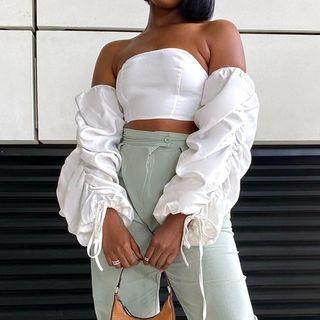 Off-shoulder Drawstring Shirred Crop Top