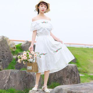 Off-shoulder Embroidered Midi A-line Dress