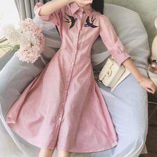 Bird Embroidered Striped Midi Shirtdress
