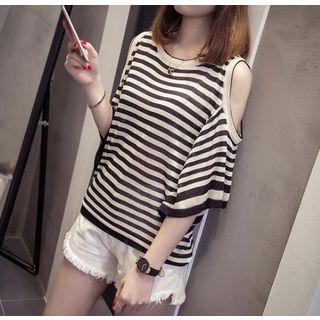 Striped Cut Out Shoulder Elbow Sleeve Knit Top