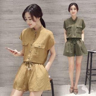 Set: Short-sleeve Plain Blouse + Drawstring Shorts