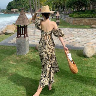 Puff-sleeve Off-shoulder Tie-back Animal Print Midi A-line Dress