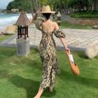 Puff-sleeve Off-shoulder Tie-back Animal Print Midi A-line Dress