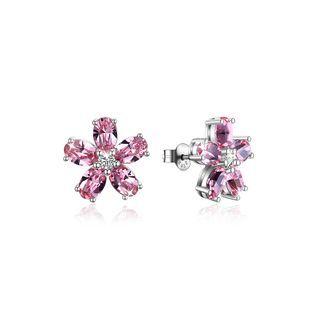 925 Sterling Silver Flower Stud Earrings With Pink Austrian Element Crystal Silver - One Size