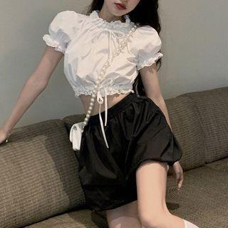 Puff-sleeve Ruffled Drawstring Blouse / Shorts