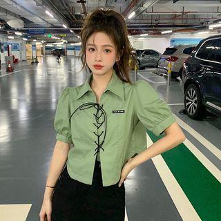 Letter Lace-up Cropped Blouse