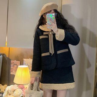 Set: Fleece Panel Button-up Jacket + Mini Pencil Skirt